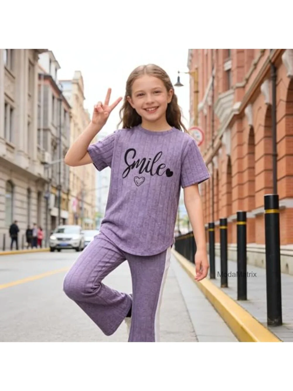 Girls 2-Piece Outfit Smile Graphic Short Sleeve Top & Flared Pants Set 8-13Y